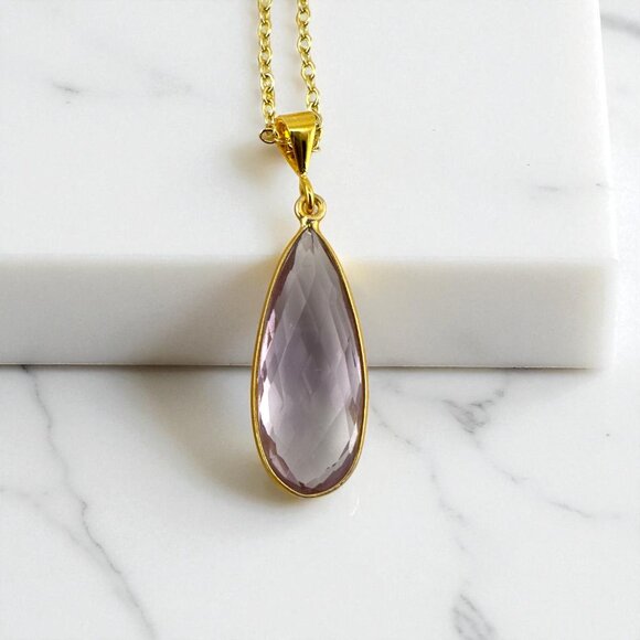 Faceted Amethyst Teardrop Necklace Natural Gemstone Yellow Gold Vermeil - Picture 1 of 11